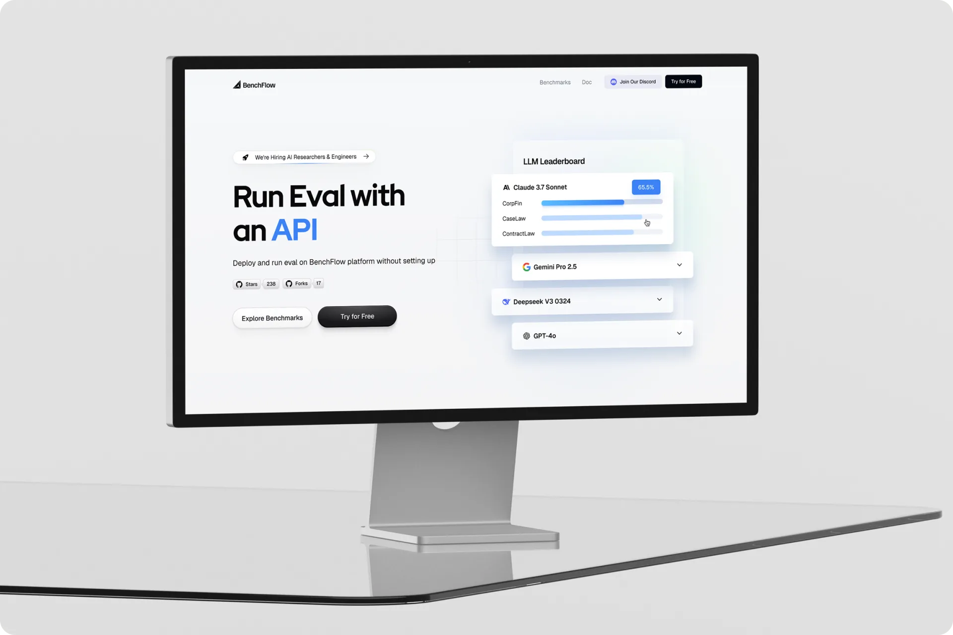 The BenchFlow site on a Studio Display — Run Eval with an API