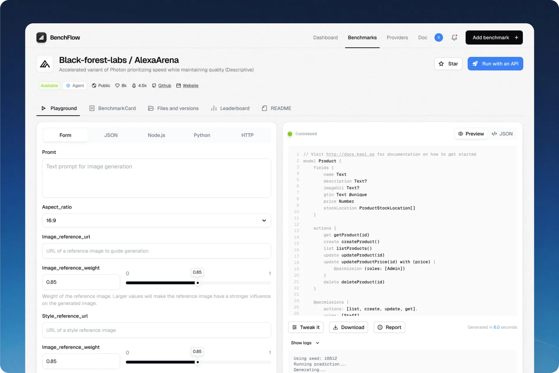 A benchmark run page — configuration fields beside the code panel