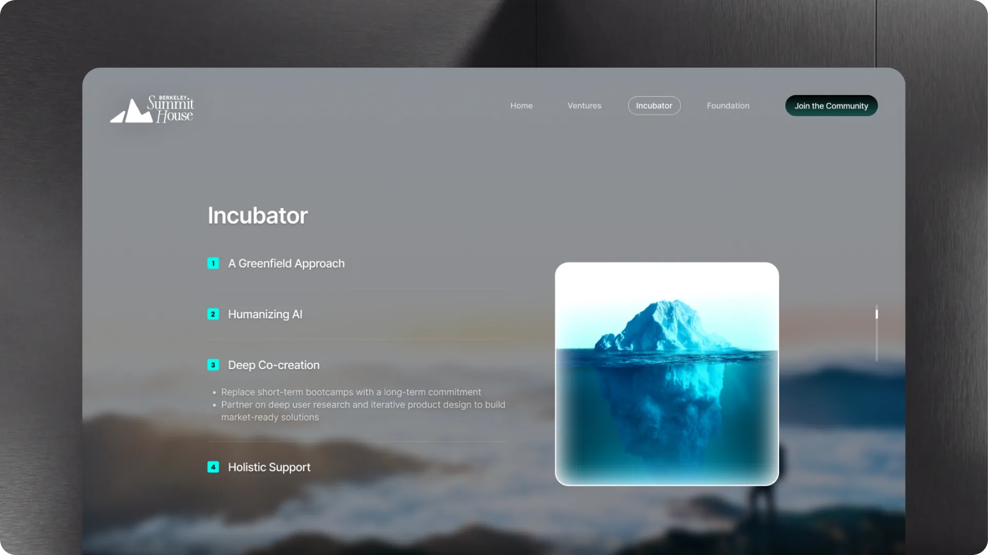 Incubator page — the program checklist beside a floating iceberg