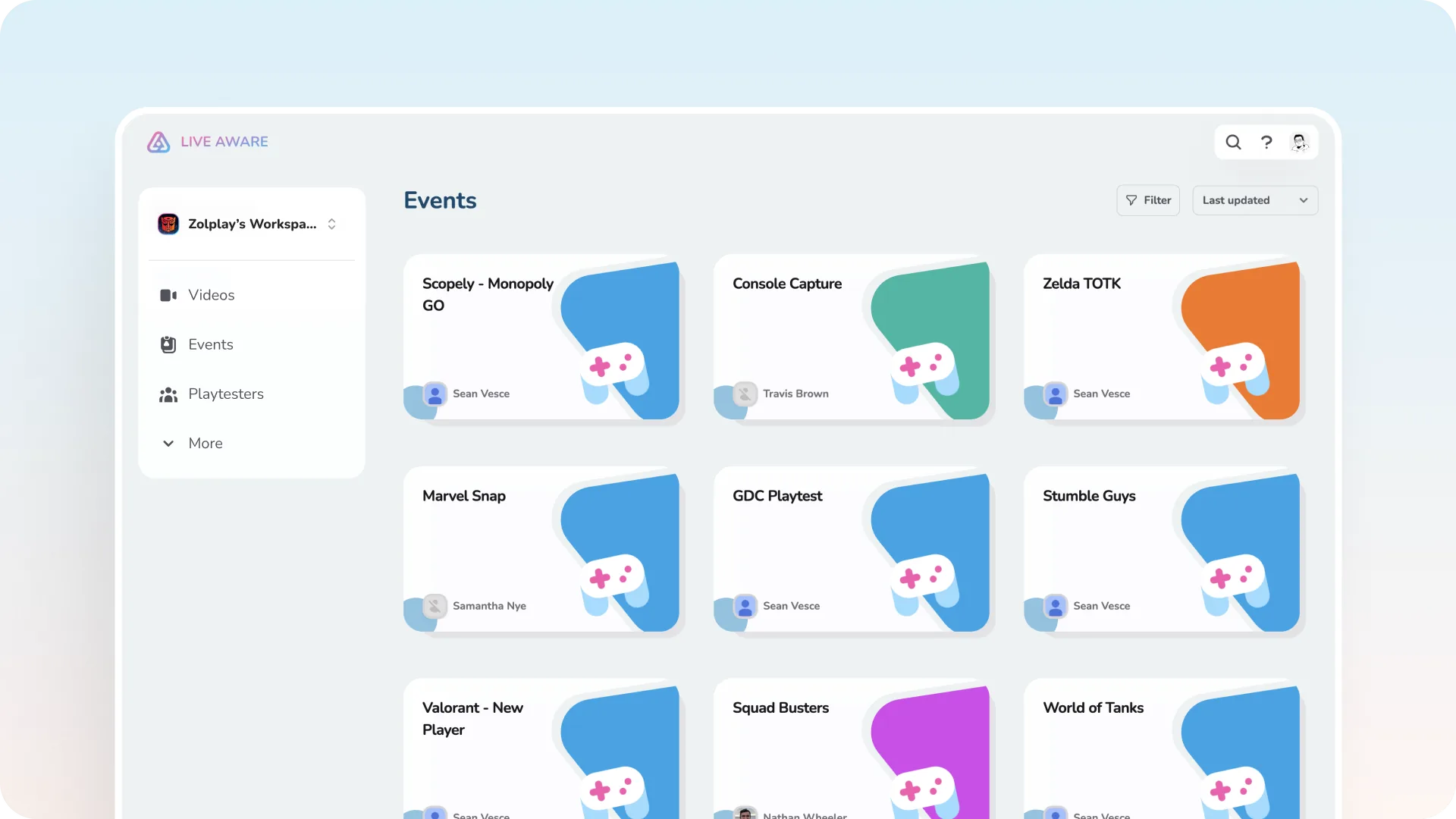 Events dashboard — a workspace of playtest events